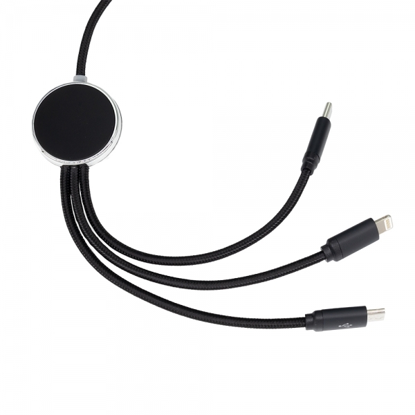 Kabel 3w1 z podświetlanym logo długi 120 cm Czarny