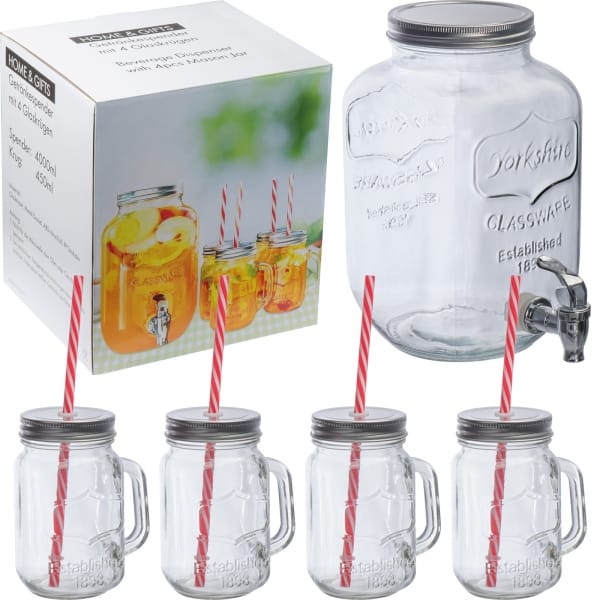 Dozownik do napojów 4l i 4 słoiki 450 ml Przeźroczysty