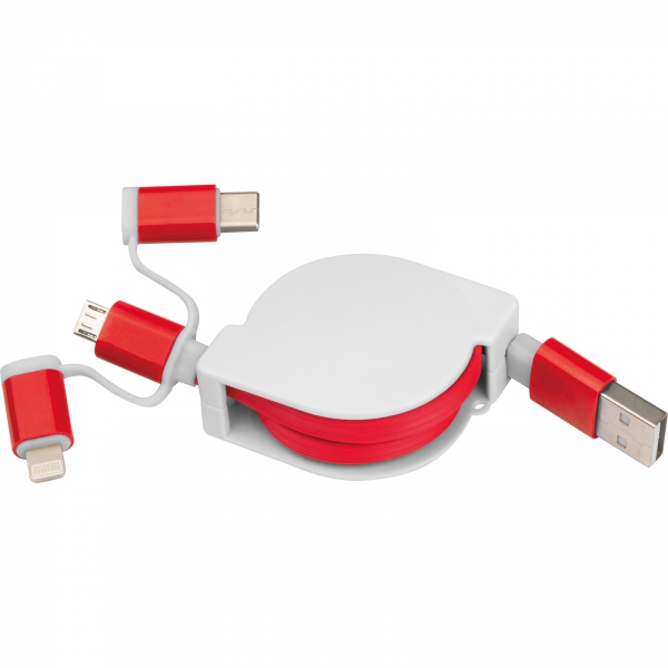 Kabel do ładowania z 3 wtyczkami rozwijany Czerwony