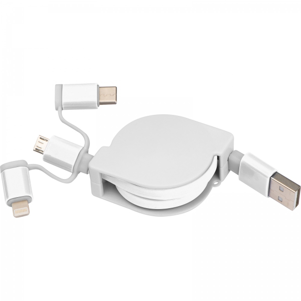 Kabel do ładowania z 3 wtyczkami rozwijany Biały