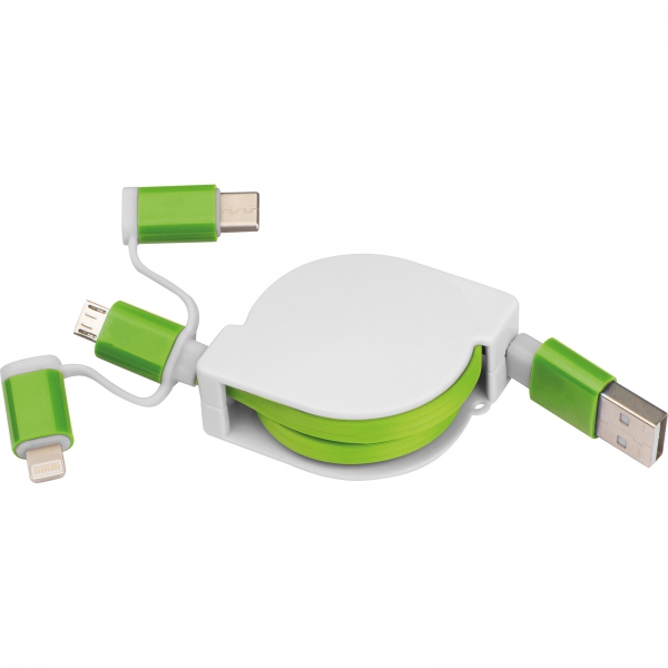 Kabel do ładowania z 3 wtyczkami rozwijany Zielony