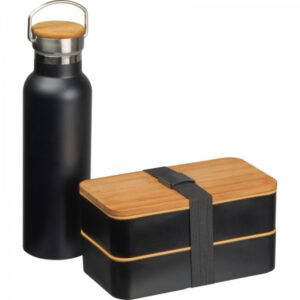 Zestaw lunch box ze sztućcami i butelka termiczna 500 ml Czarny