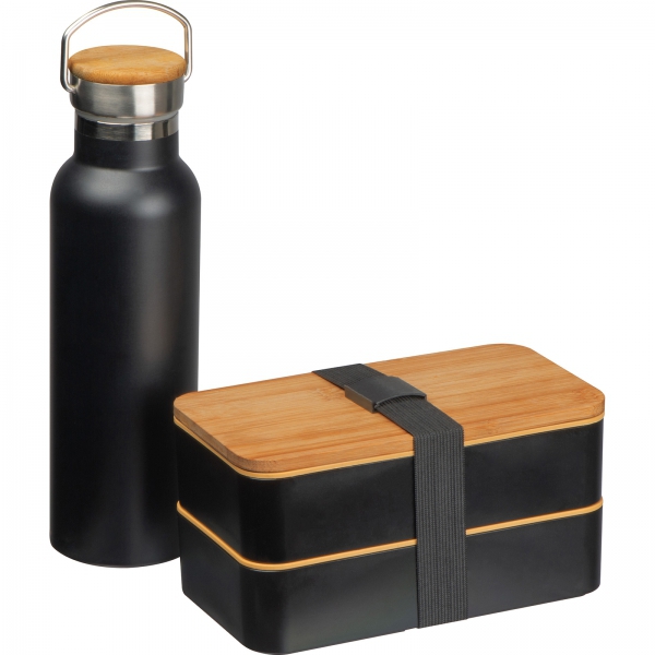 Zestaw lunch box ze sztućcami i butelka termiczna 500 ml Czarny